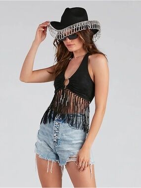 Windsor O-Ring Faux Suede Halter Crop Top Fringe Beaded Festival Western Small